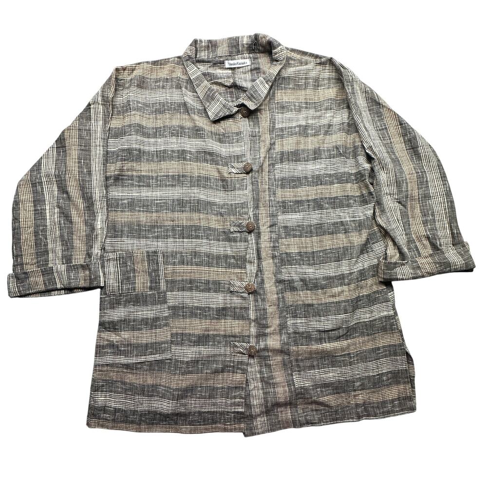 Yasuko Kurisaka Striped Brown Gray Pocket Button Sweater Coat Jacket Women Large